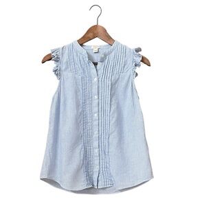 J. Crew Linen Blend Pinstripe Ruffle Blouse Size 4 Light Blue Top Preppy